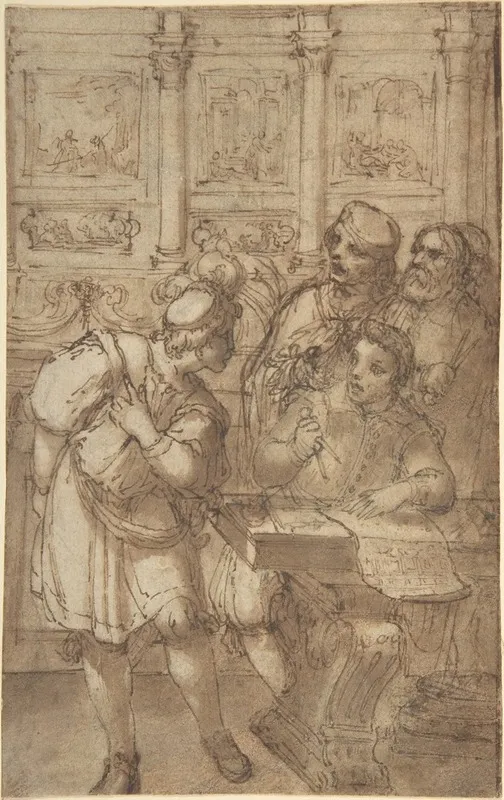 Architect In His Study Holding A Compass And Conversing With Three Men Wall Art by Agostino Tassi - High-Resolution Digital Print