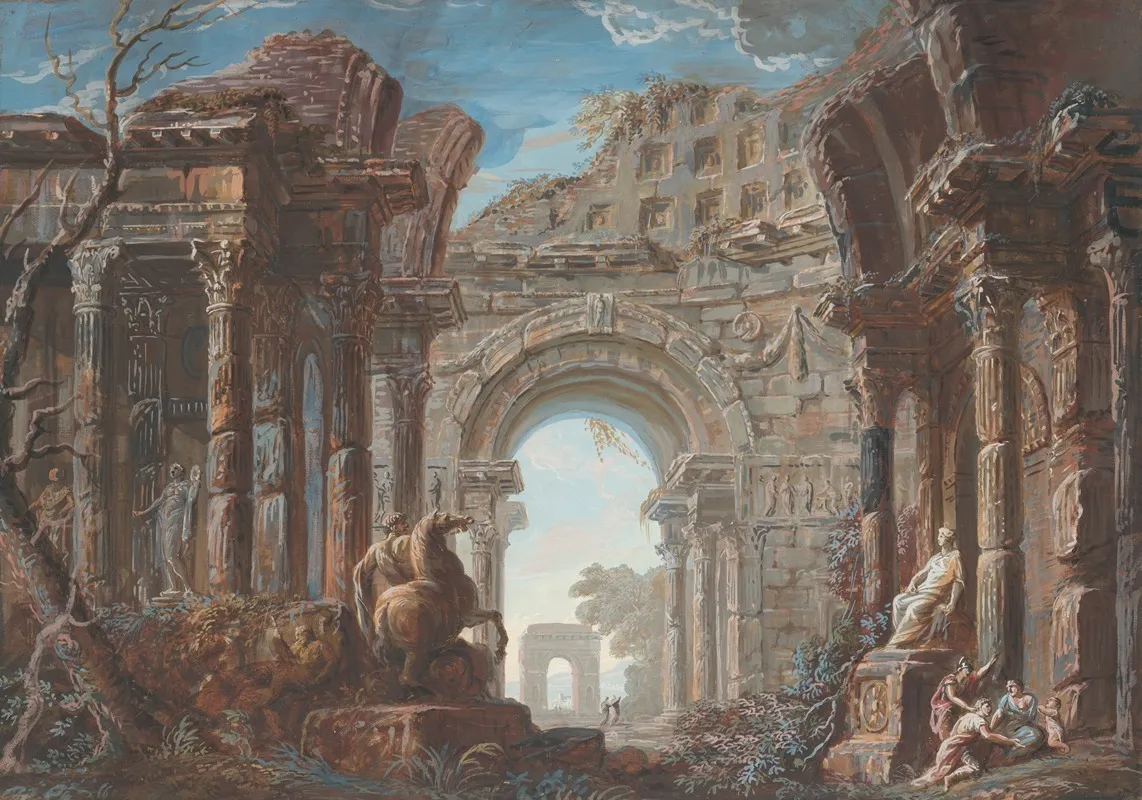 Architectural Capriccio With A Monumental Arch Wall Art by Giovanni Niccolò Servandoni - High-Resolution Digital Print