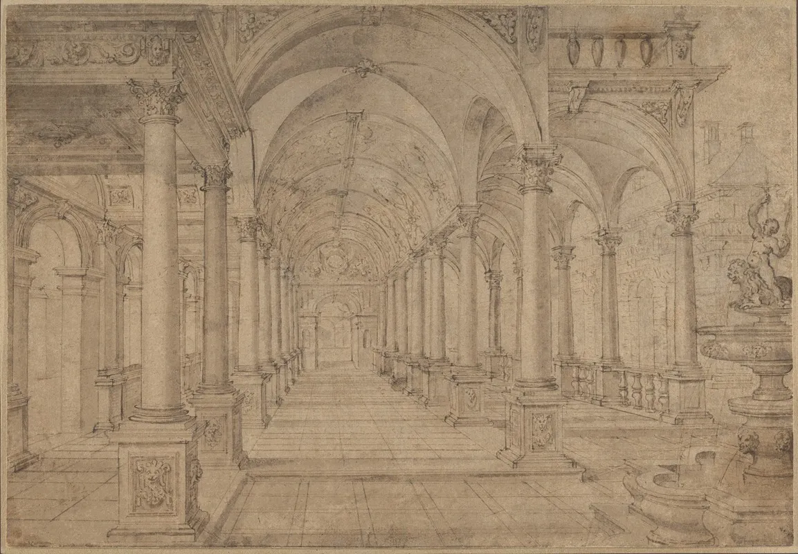 Architectural Capriccio With An Arcade And Fountain In Point Perspective Study For A Painting Of John The Baptist Before Herod Wall Art by Hans Vredeman de Vries - High-Resolution Digital Print