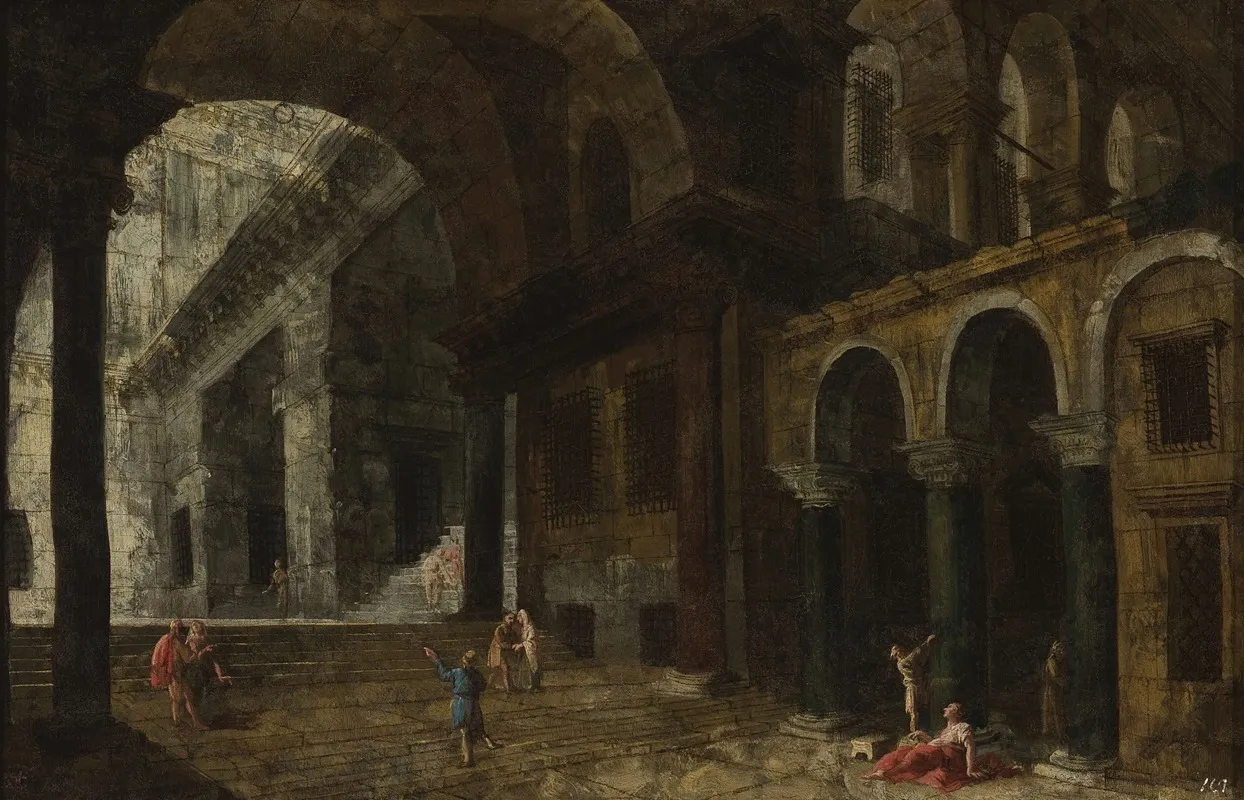 Architectural Fantasy Featuring A Prison Courtyard