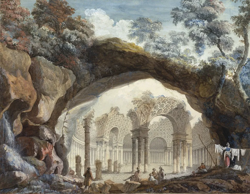 Architectural Fantasy Ruins Of A Circular Temple Seen Through A Natural Arch
