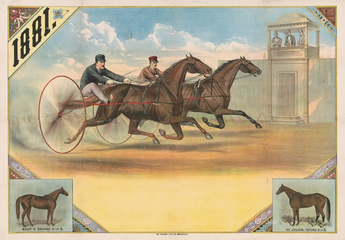 Arness Race Between Two Riders With Portraits Of The Two Horses Maud S And St Julien At Lower Right And Left Corners Wall Art by Courier Litho. Co. - High-Resolution Digital Print