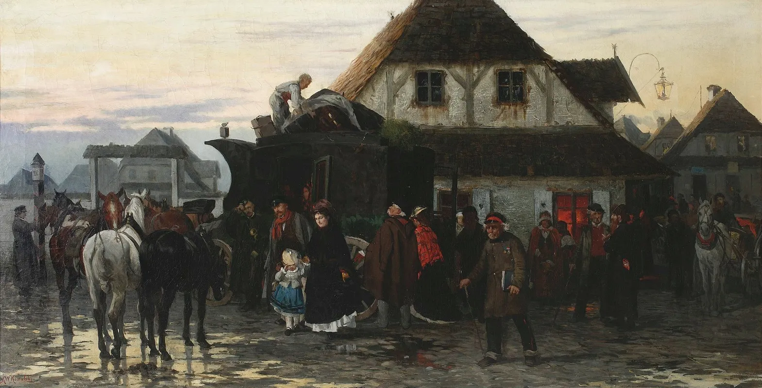 Arrival Of A Post Chaise In A Country Town Wall Art by Alfred von Wierusz-Kowalski - High-Resolution Digital Print