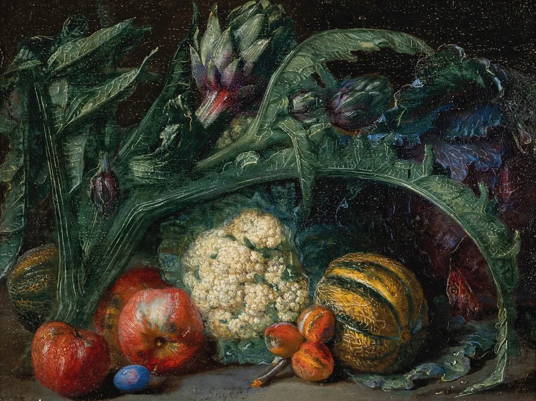 Artichokes Apples And Melons On A Ledge Wall Art by Pieter Snyers - High-Resolution Digital Print