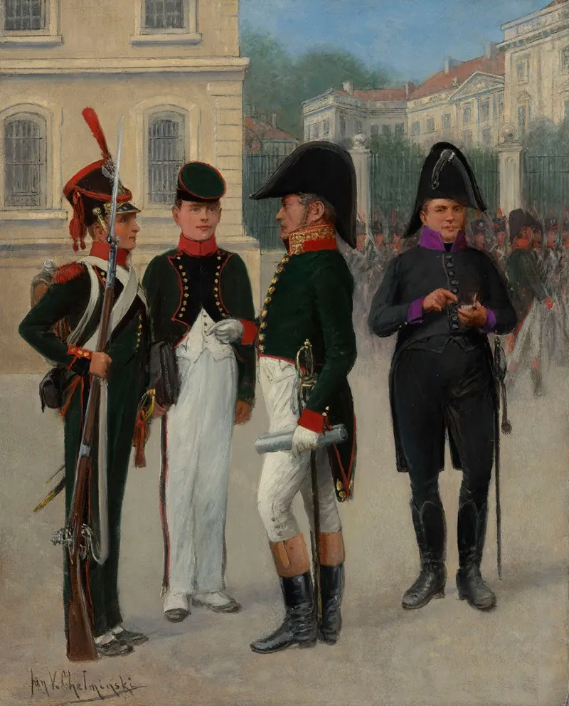 Artillery And Engineering Elementary School A Military Student And A Professor A Military Chaplain Wall Art by Jan Chełmiński - High-Resolution Digital Print