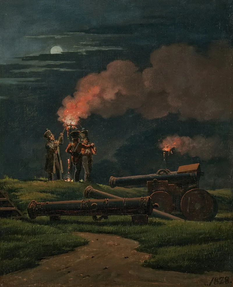 Artillerymen On Guard At The Citadel Of Copenhagen With Pitch Torches Lit On The Occasion Of The Crownprince Frederik Vii Marrying Princess Wilhelmina