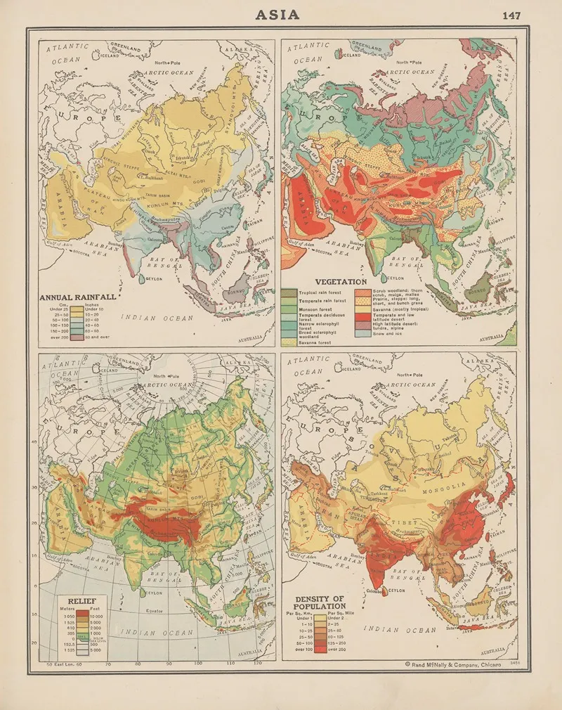 Asia Annual Rainfall Vegetation Land Relief Density Of Population Wall Art by John Paul Goode - High-Resolution Digital Print
