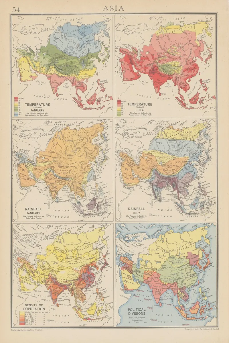 Asia Temperature Rainfall Wall Art by John George Bartholomew - High-Resolution Digital Print