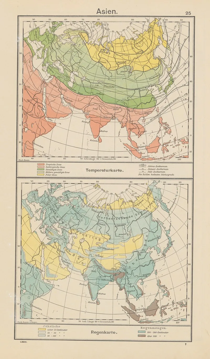 Asien Temperaturkarte regenkarte Wall Art by Carl Diercke - High-Resolution Digital Print