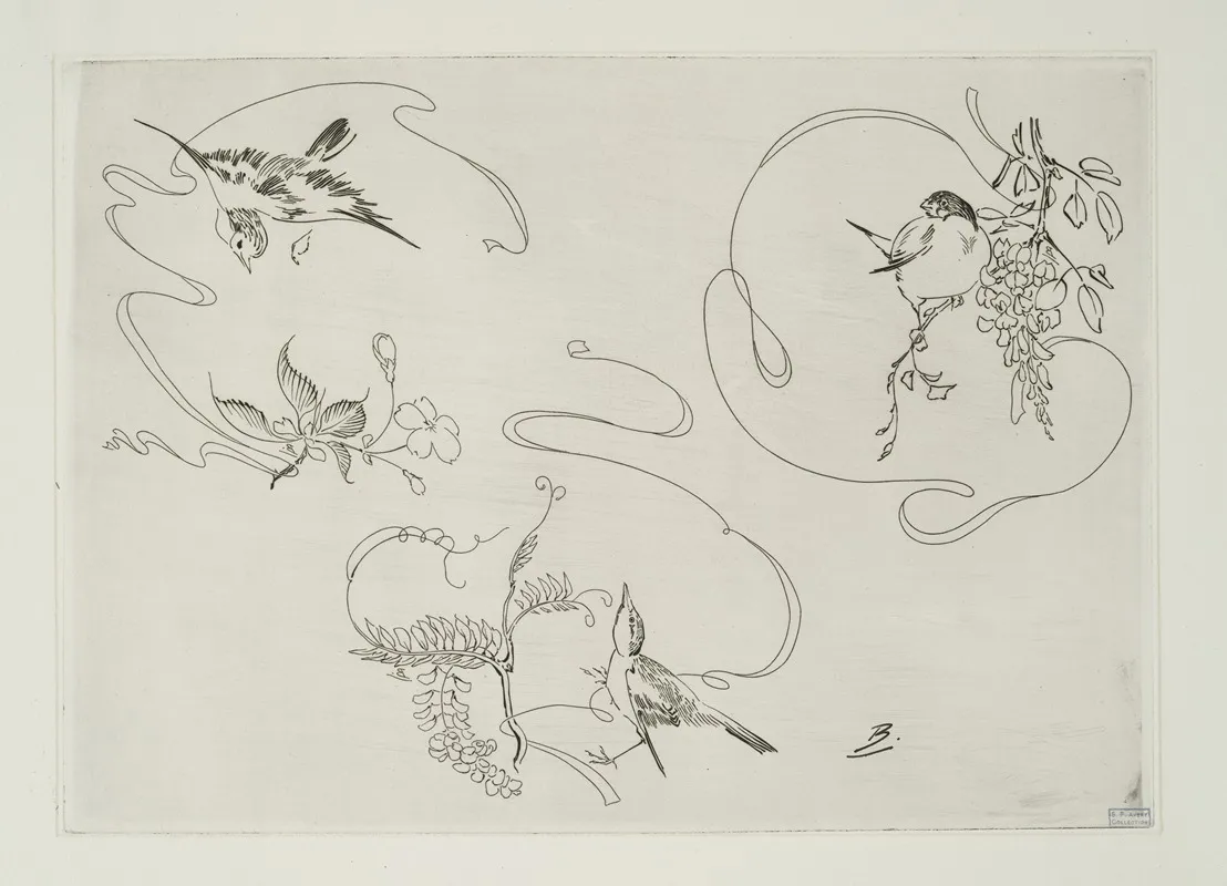 Assiette A Dessert Trois Motifs Composes Chacun Dun Ruban Dune Fleur Et Dun Oiseau 2