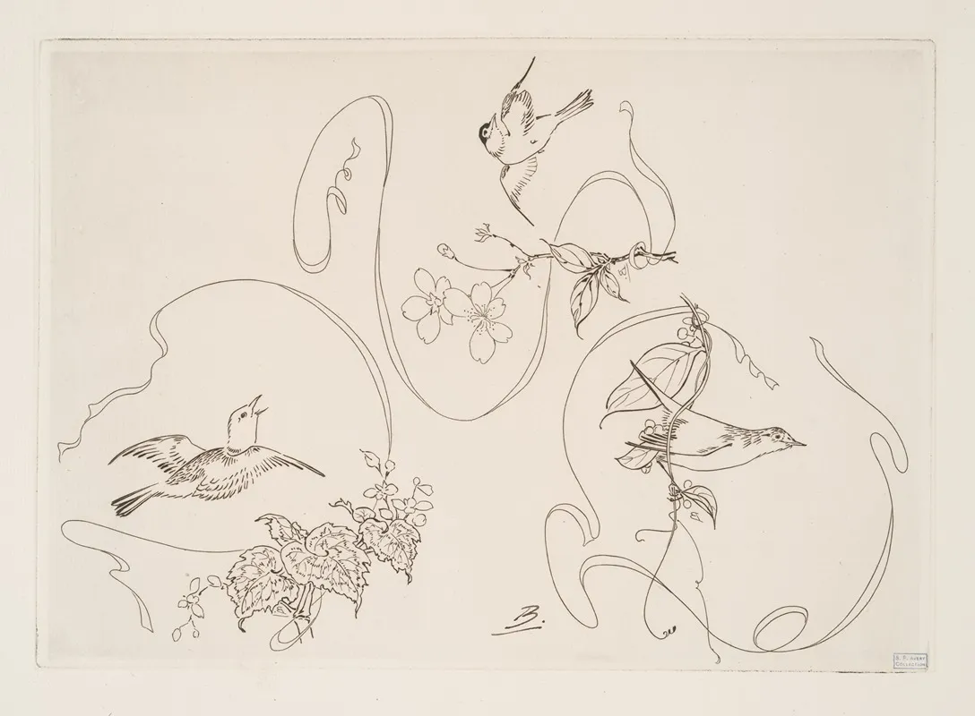 Assiette A Dessert Trois Motifs Composes Chacun Dun Ruban Dune Fleur Et Dun Oiseau