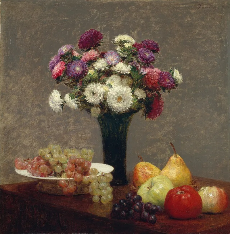 Asters And Fruit On A Table Wall Art by Henri Fantin-Latour - High-Resolution Digital Print
