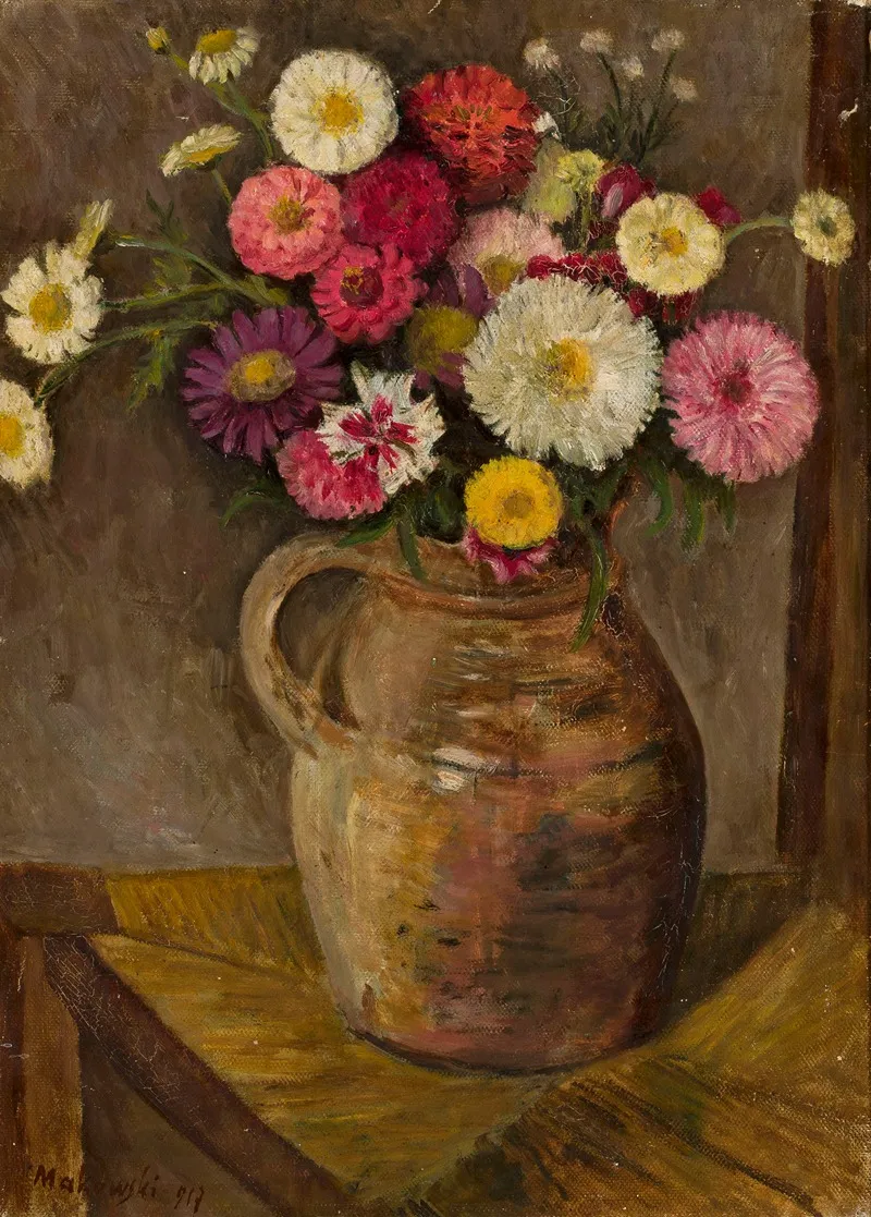 Asters And Zinnias In A Clay Jug Wall Art by Tadeusz Makowski - High-Resolution Digital Print