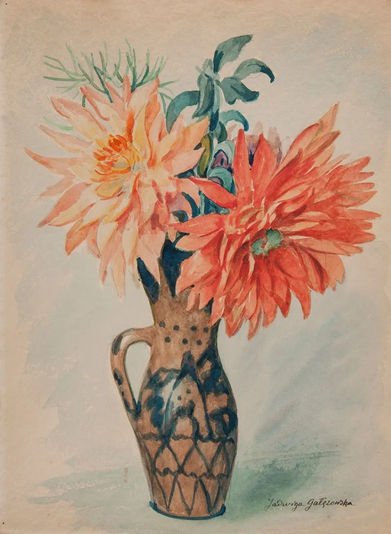 Asters In A Vase Wall Art by Jadwiga Gałęzowska - High-Resolution Digital Print