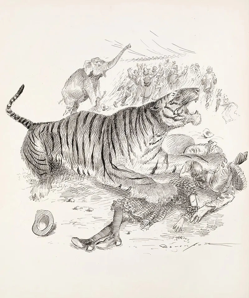 At A Circus A Tiger Holds A Woman And A Girl Under Its Paws And An Elephant Steps On Another Woman