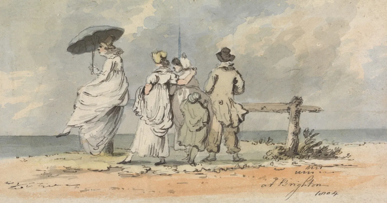 At Brighton 1804 Three Women Child And Man Looking Out To Sea Wall Art by John Nixon - High-Resolution Digital Print