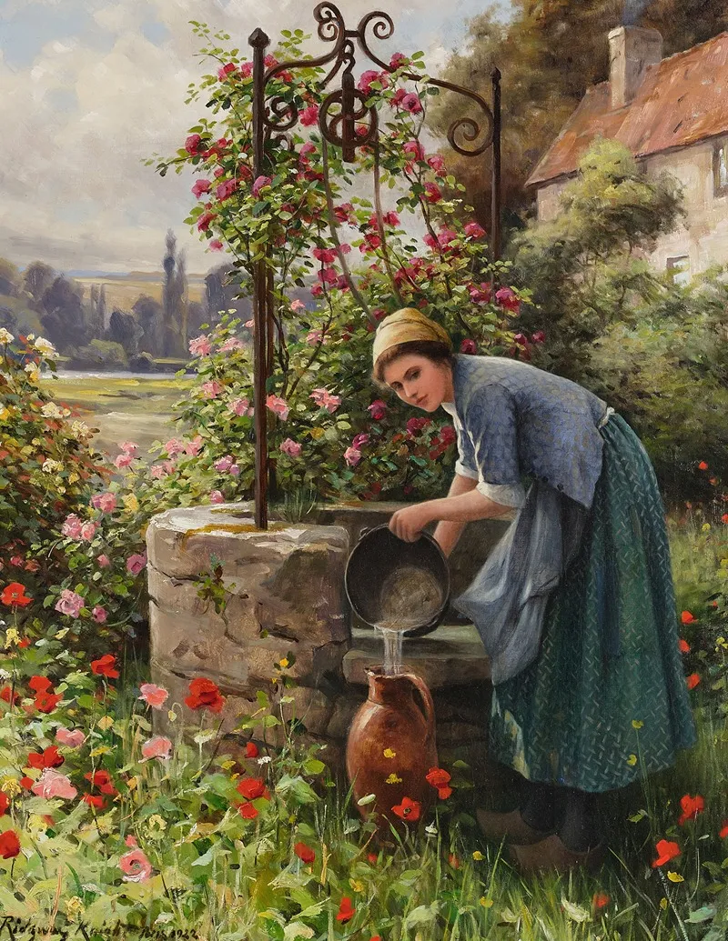 At The Garden Well Paris Wall Art by Daniel Ridgway Knight - High-Resolution Digital Print