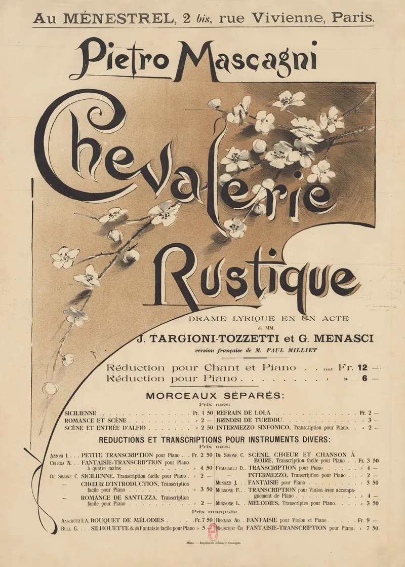 Au Menestrel Pietro Mascagni Chevalerie Rustique Cavalleria Rusticana Drame Lyrique En Un Acte De Mm J Wall Art by Imp. Sonzogno - High-Resolution Digital Print