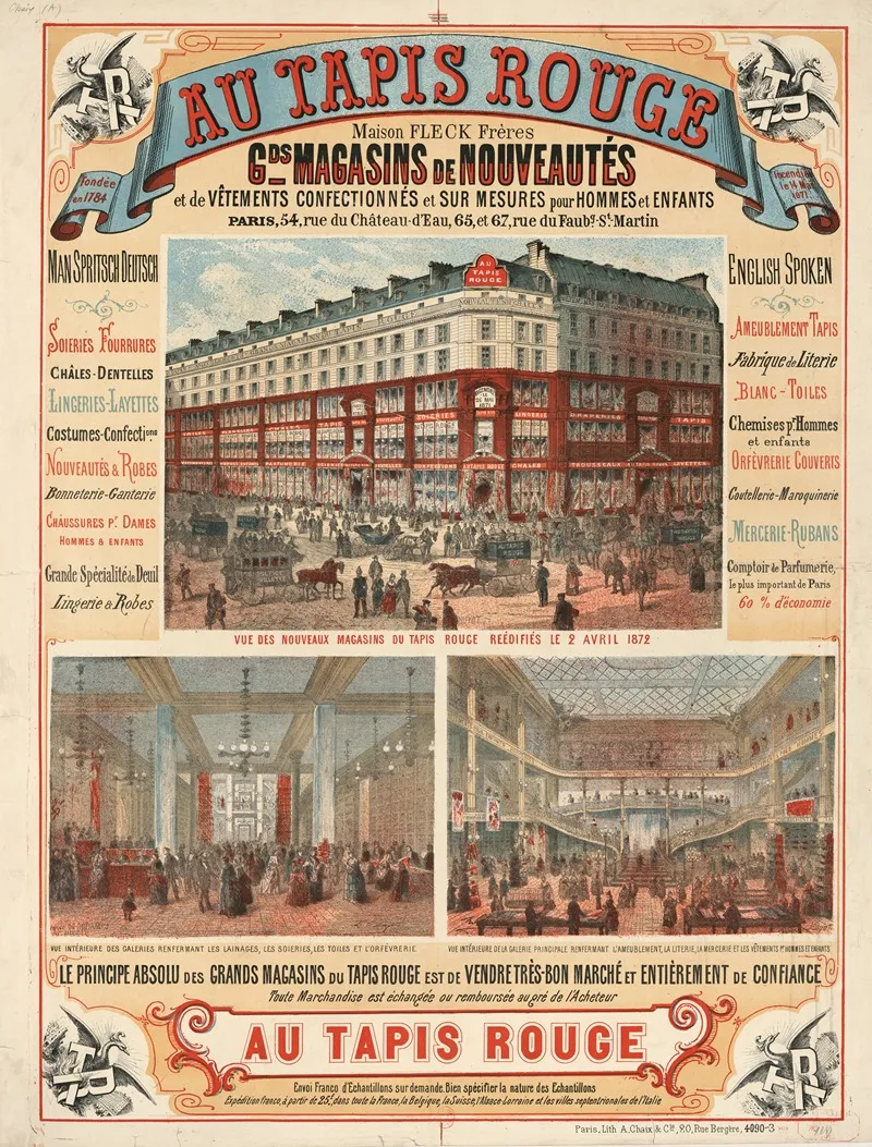 Au Tapis Rouge Maison Fleck Freres Gd Magasins De Nouveautes Et De Vetements Wall Art by Imp. Chaix - High-Resolution Digital Print