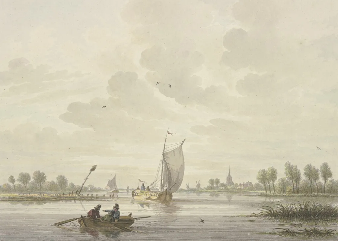 Auf Einem Fluss Segeln Einige Barken Vorne Ein Ruderboot
