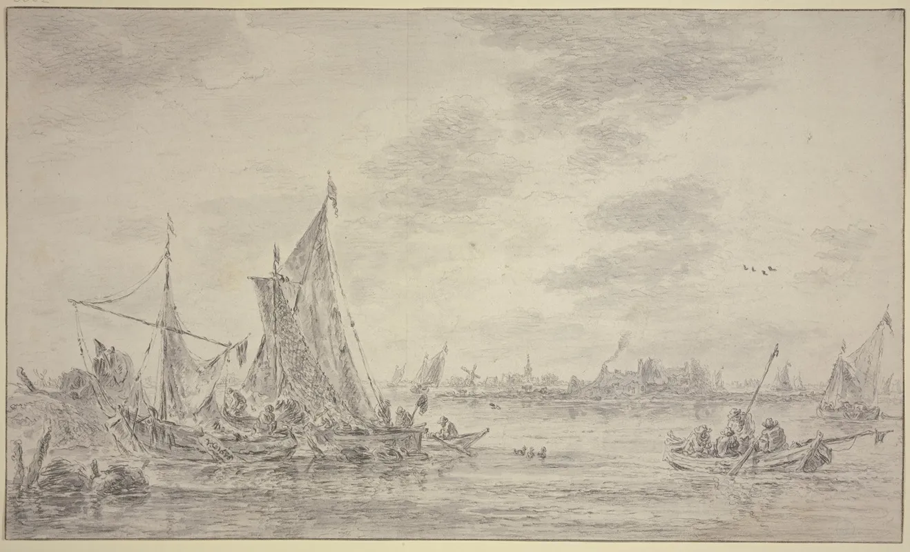 Auf Einem Fluss Viele Fischerbote Rechts Ein Dorf