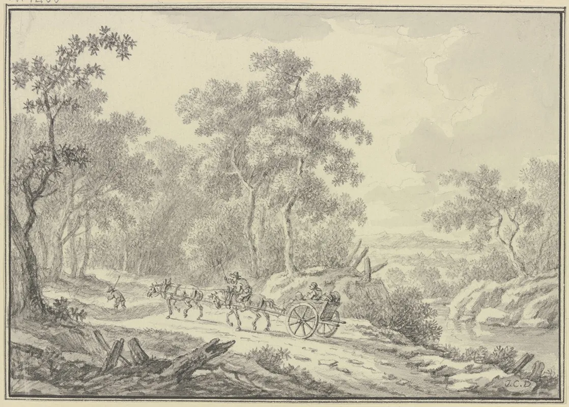 Auf Einem Waldweg Fahrt Ein Zweiradiger Karren Mit Zwei Hintereinander Gespannten Pferden Wall Art by Johann Christoph Dietzsch - High-Resolution Digital Print