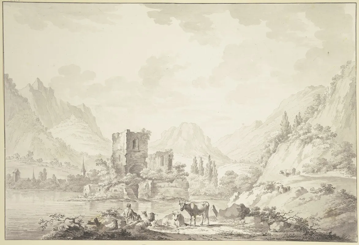 Auf Einer Insel In Einem Flus Eine Ruine Von Hohen Bergen Umgeben Vorne Ein Hirte Mit Einigem Vieh Wall Art by Jean George Teissier - High-Resolution Digital Print