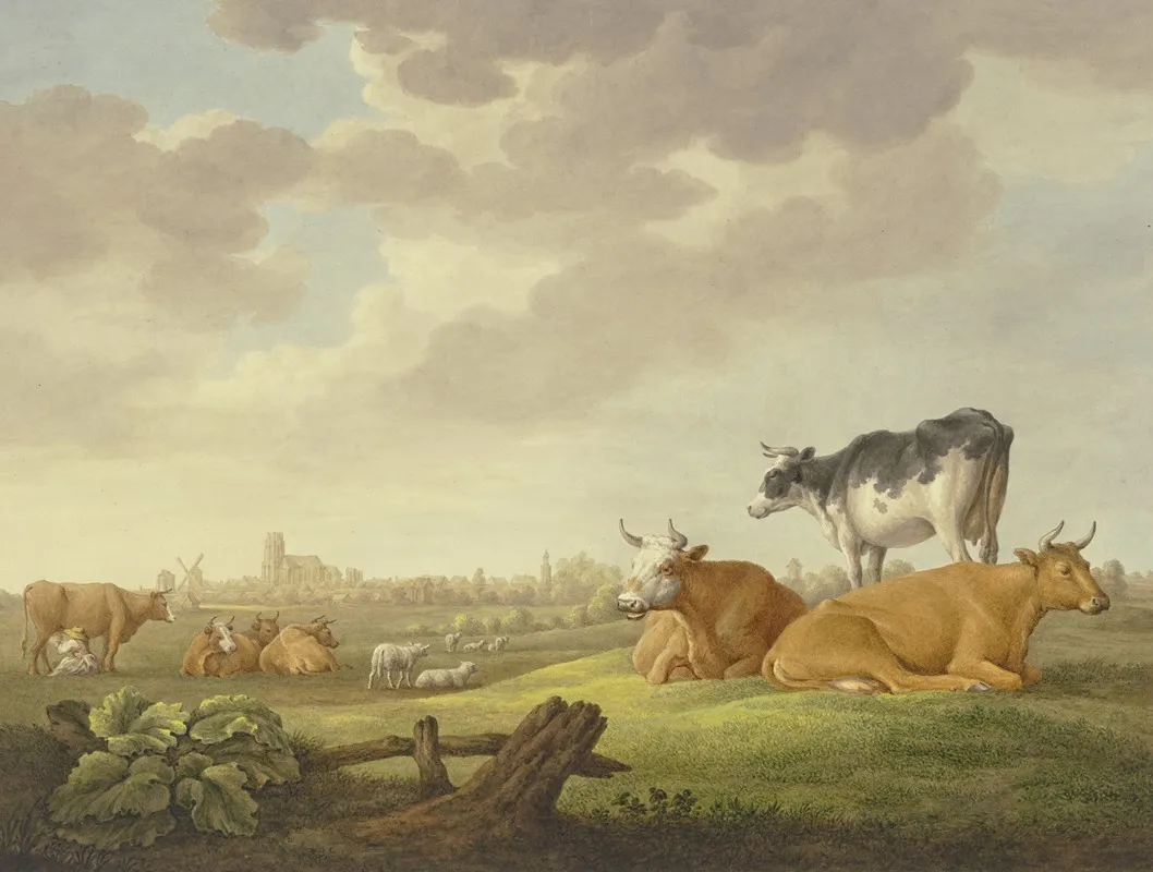Auf Einer Wiese Kuhe Und Schafe In Der Ferne Eine Stadt Links Eine Melkerin Wall Art by Aelbert Cuyp - High-Resolution Digital Print
