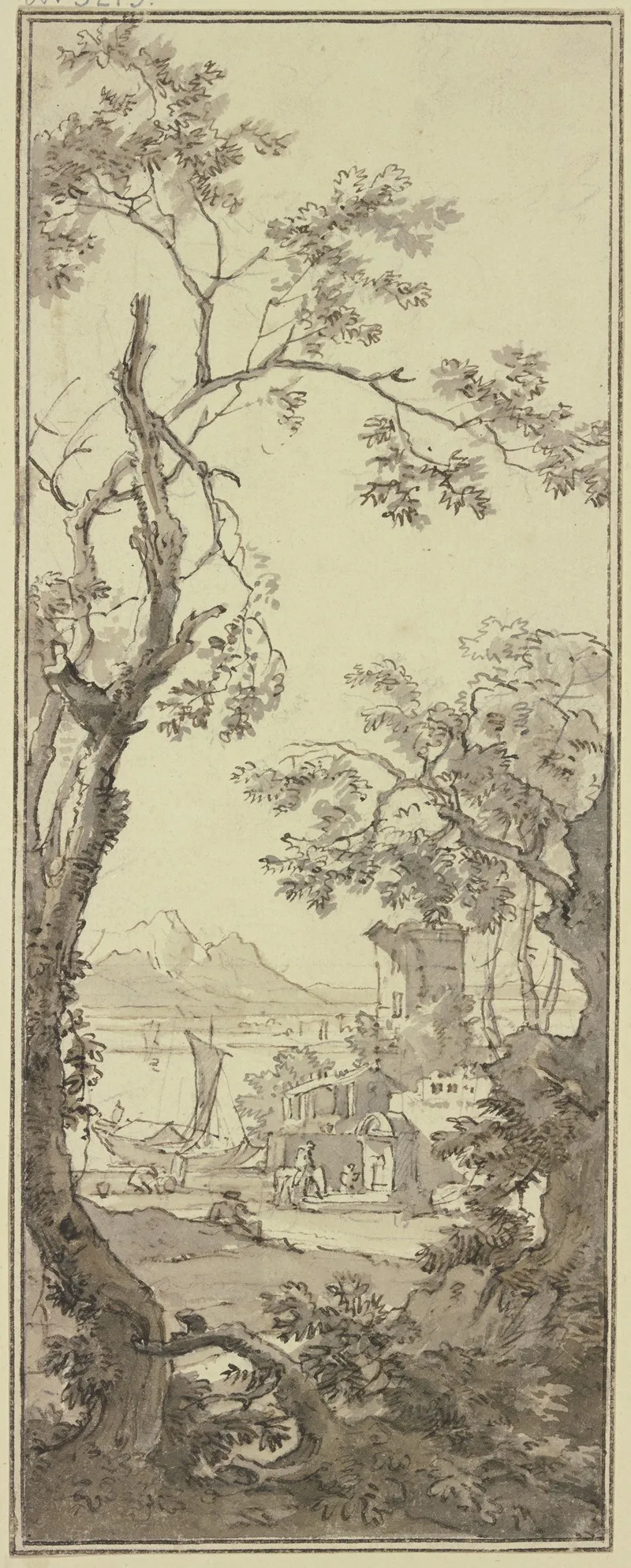Aussicht Auf Einen Fluss An Welchem Gebaude Und Ein Brunnen Stehen Ein Reiter Trankt Sein Pferd