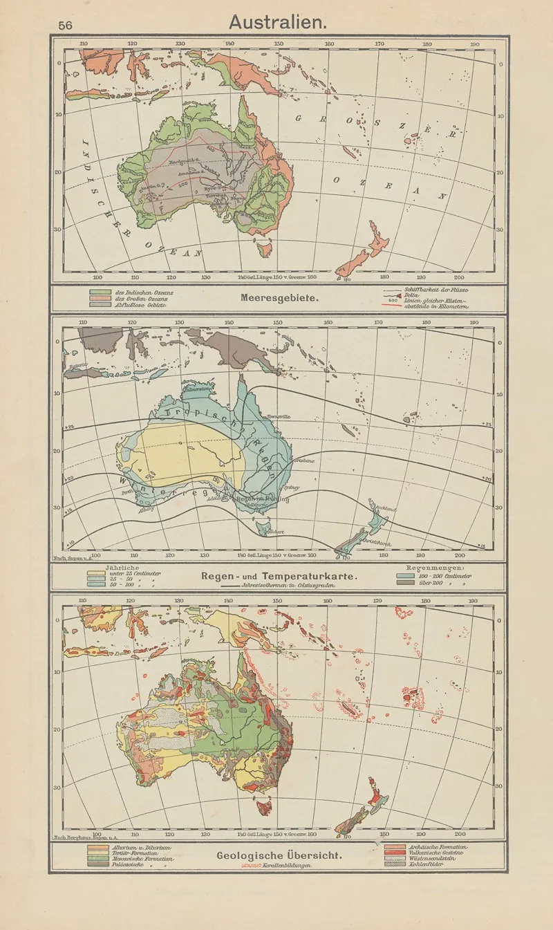 Australien Meeresgebiete regen und temperaturkarte geologis Wall Art by Carl Diercke - High-Resolution Digital Print