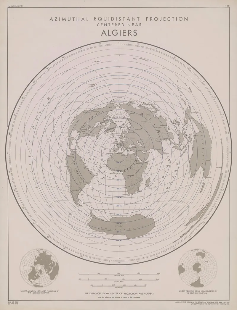 Azimuthal Equidistant Projection Centered Near Algiers Wall Art by Office of Strategic Services - High-Resolution Digital Print