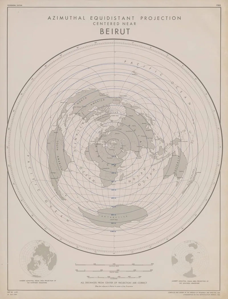 Azimuthal Equidistant Projection Centered Near Beirut Wall Art by Office of Strategic Services - High-Resolution Digital Print