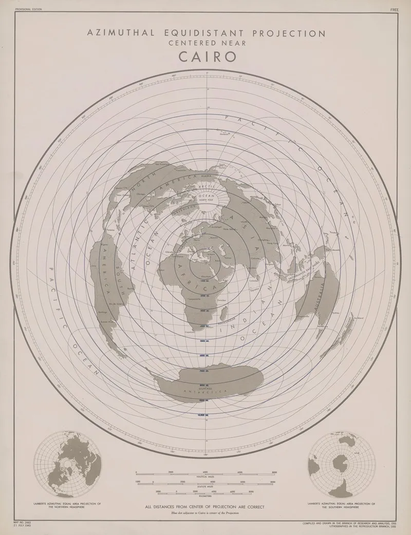 Azimuthal Equidistant Projection Centered Near Cairo Wall Art by Office of Strategic Services - High-Resolution Digital Print