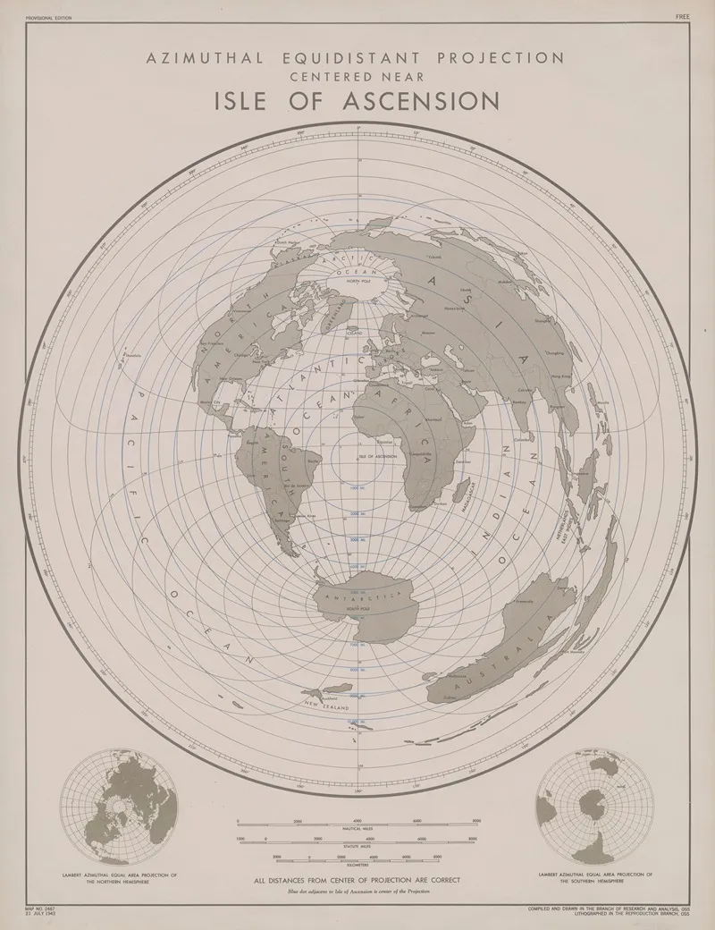 Azimuthal Equidistant Projection Centered Near Isle Of Ascension Wall Art by Office of Strategic Services - High-Resolution Digital Print