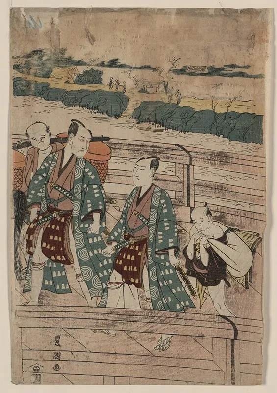 Azumabashi O Wataru Ichikawa Omezo To Sawamura Gennosuke Wall Art by Toyokuni Utagawa - High-Resolution Digital Print