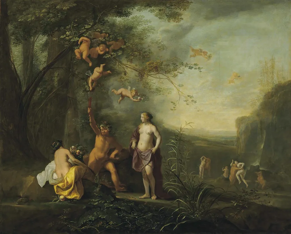Bacchus Venus And Ceres Under A Grapevine In A Pastoral Landscape With Putti Nymphs And Satyrs