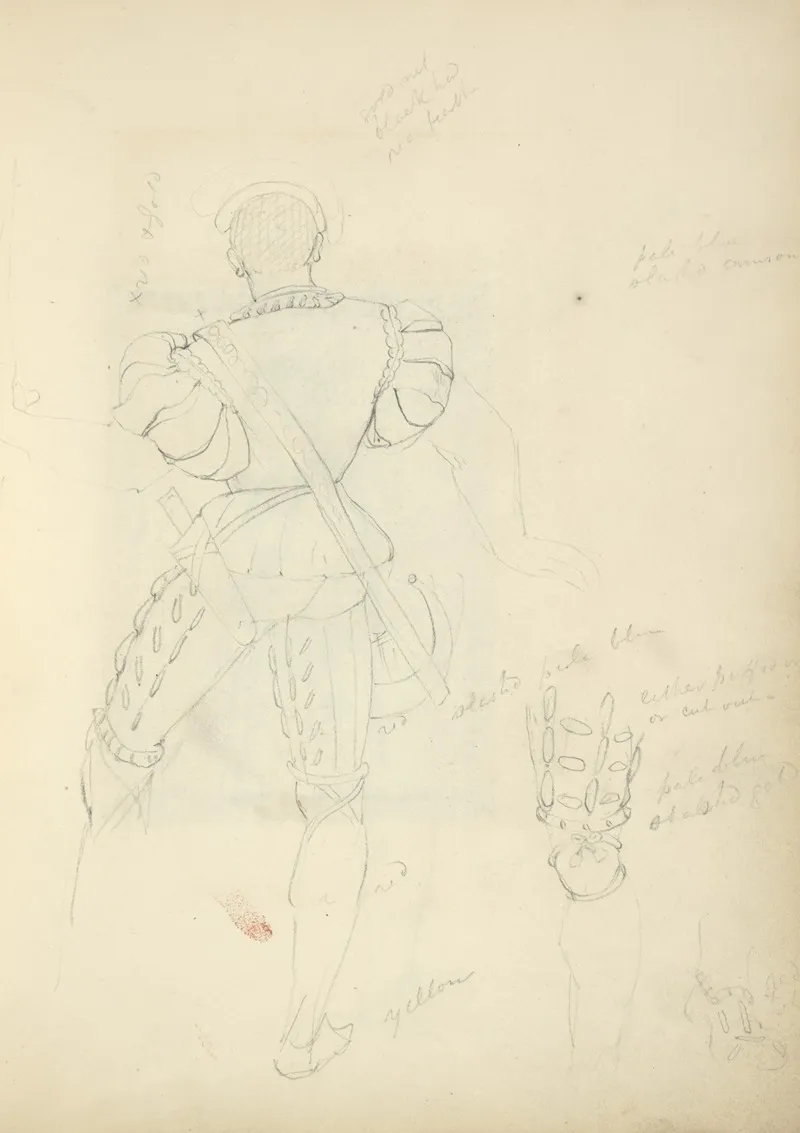 Back View Of A Man In Breeches And Doublet With Horn And Knife In A Sheath Detail Of Leg And Foot