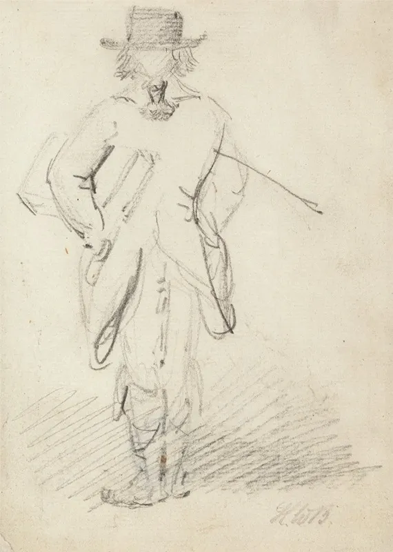 Back View Of A Man Standing With A Large Book Or Case Under His Left Arm And A Stick Under His Right Arm