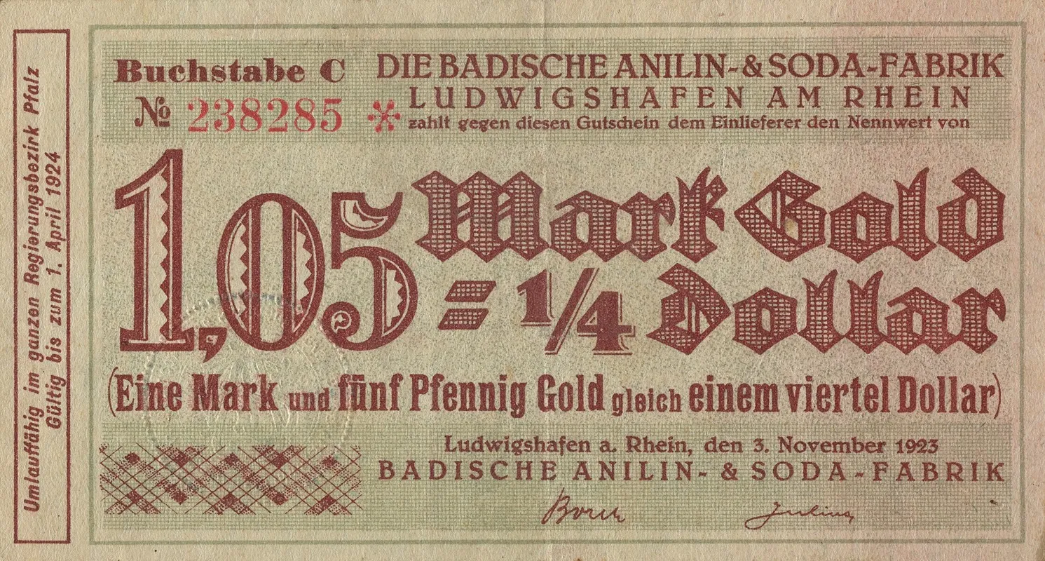 Badische Anilin Soda Fabrik 1 05 Mark Gold 14 Dollar Gutschein Wall Art by Badische Anilin &amp; Soda-Fabrik - High-Resolution Digital Print
