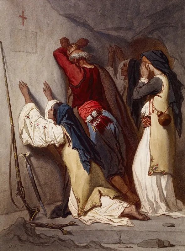 Balkan Peasants Praying In Cave Chapel