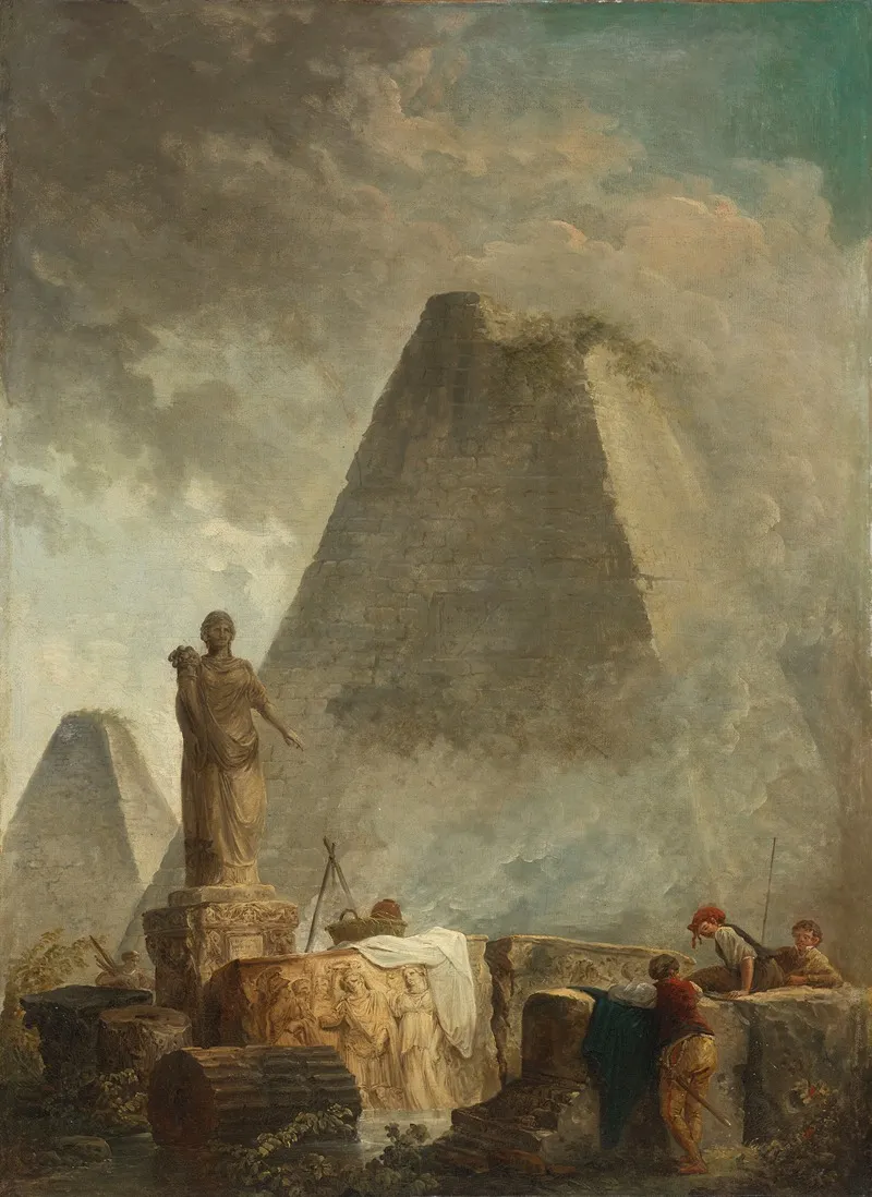 Banditti By A Fountain With A Statue Of Abundance Two Pyramids Beyond Wall Art by Hubert Robert - High-Resolution Digital Print