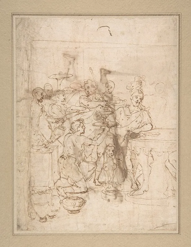 Banquet Scene A Seated Warrior Attended By A Number Of Servants
