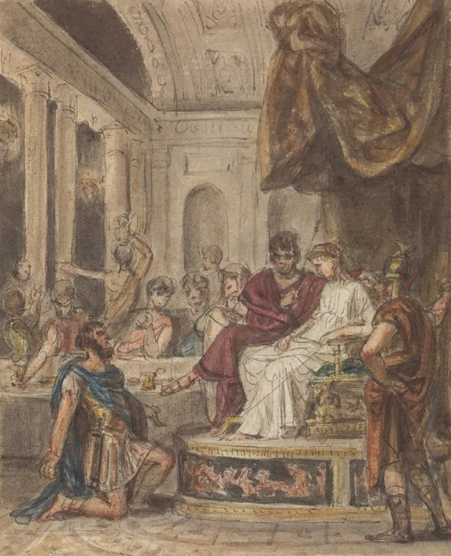 Banquet Scene With A Roman Soldier Kneeling To A Famale Figure Sitting On A Throne Wall Art by Robert Smirke - High-Resolution Digital Print