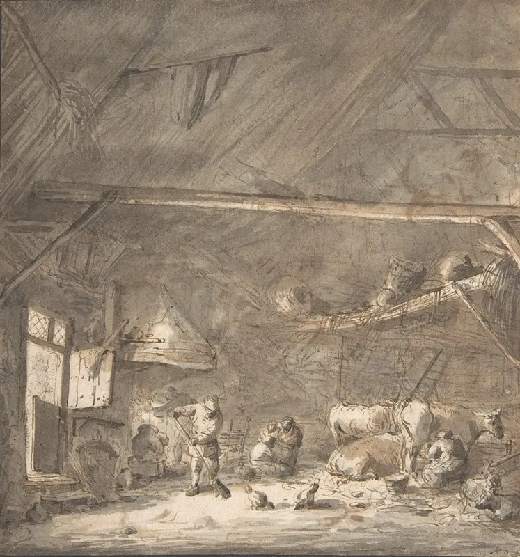 Barn Interior With Peasants And Cows
