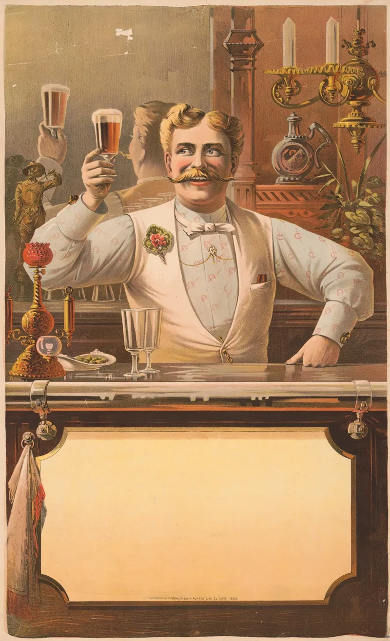 Bartender Standing Behind A Bar Holding Up A Glass Of Beer In His Right Hand
