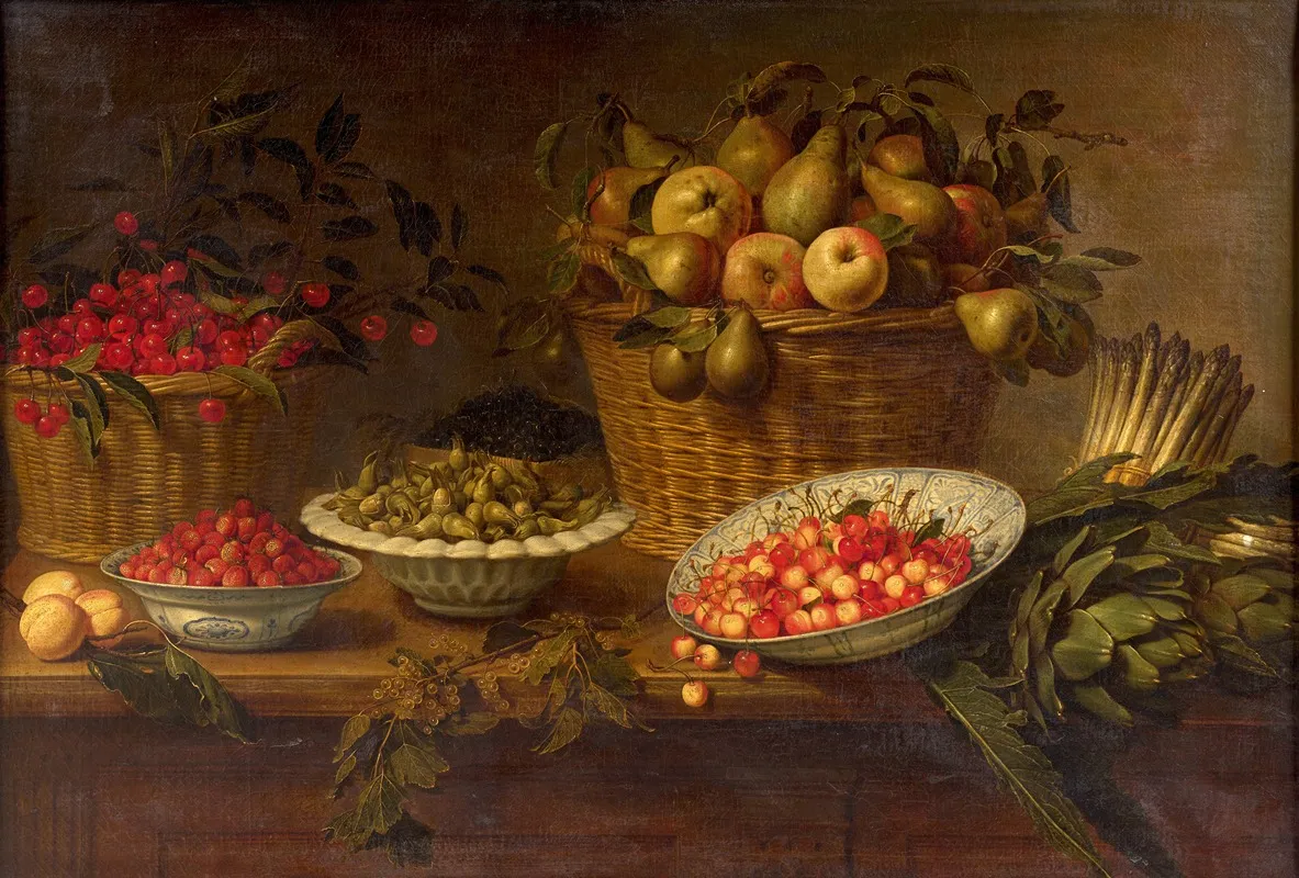 Basket Of Cherries Bowls Of Wild Strawberries And Hazelnuts Baskets Of Blueberries Pears And Quinces Wall Art by François Garnier - High-Resolution Digital Print