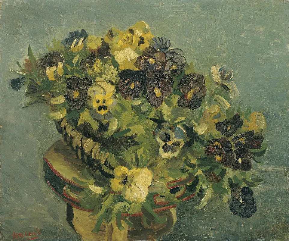Basket Of Pansies On A Small Table Wall Art by Vincent van Gogh - High-Resolution Digital Print