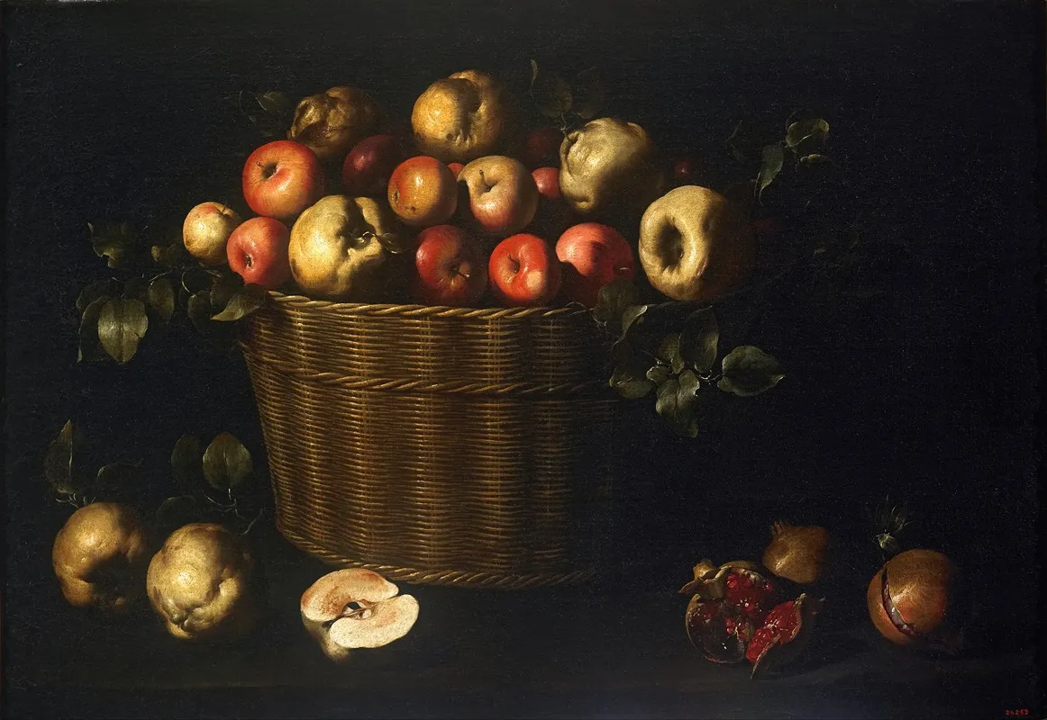 Basket With Apples Quinces And Pomegranates Wall Art by Juan de Zurbarán - High-Resolution Digital Print