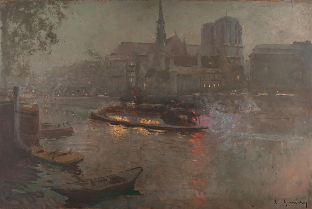 Bateau Mouche Sur La Seine Le Soir Devant Notre Dame Wall Art by Adolphe-Ernest Gumery - High-Resolution Digital Print