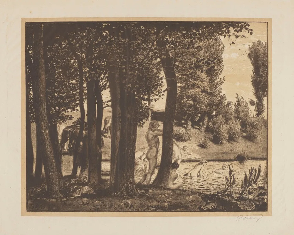 Bathing Women On The Left Among The Trees Waiting Horses Wall Art by Georg Lührig - High-Resolution Digital Print